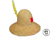 Load image into Gallery viewer, Boots and Brothers Straw Farmer Hat with feather and patch hillbilly 