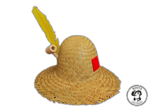 Load image into Gallery viewer, Boots and Brothers Straw Farmer Hat with feather, patch, and corn cob pipe hillbilly 