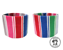 Load image into Gallery viewer, Two colorful rainbow striped good guys chucky cosplay pants cuffs with Boots and Brothers logo at the bottom right corner on a white background.