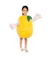 Load image into Gallery viewer, Girl in Kids Unisex Zesty Lemon Costume - Features a soft, yellow tunic with two green leaves and matching hat. by Boots and Brothers on HalloweenCostumes4U.com