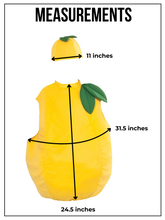 Load image into Gallery viewer, Measurement size chart for Kids Unisex Zesty Lemon Costume - Features a soft, yellow tunic with two green leaves and matching hat. by Boots and Brothers on HalloweenCostumes4U.com